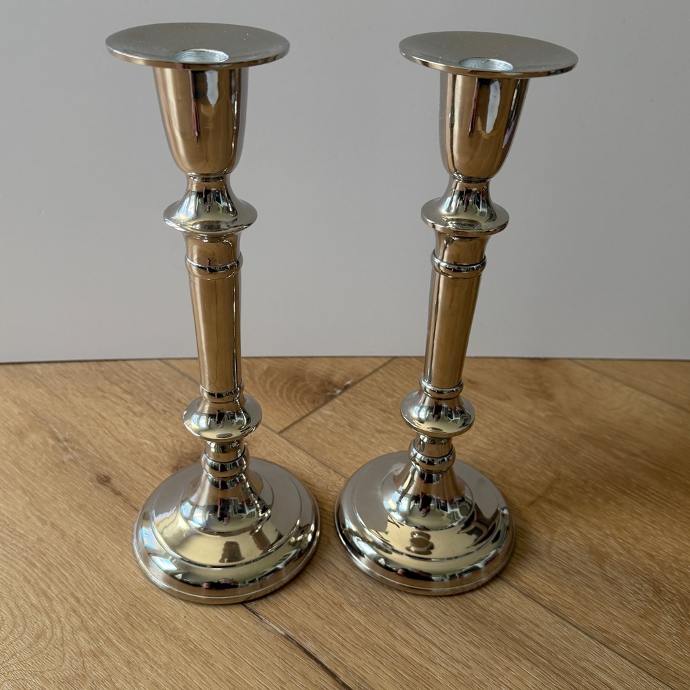 Godinger Silver Art Co Candlestick Holders Set of 2 Polished Silver Tone 12 Inch